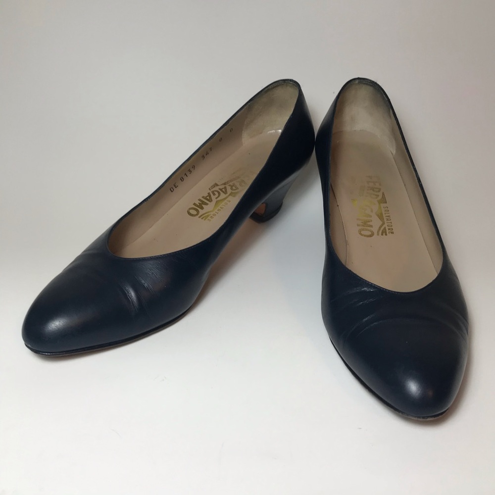 Salvatore Ferragamo Navy Leather Kitten Heels- 8